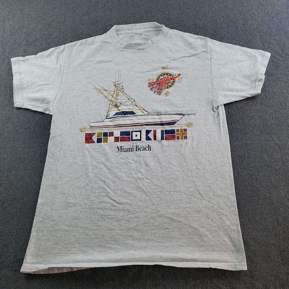 Vintage Miami Beach Boat TShirt Adult Large Grey 90s Men’s Made in USA Miller